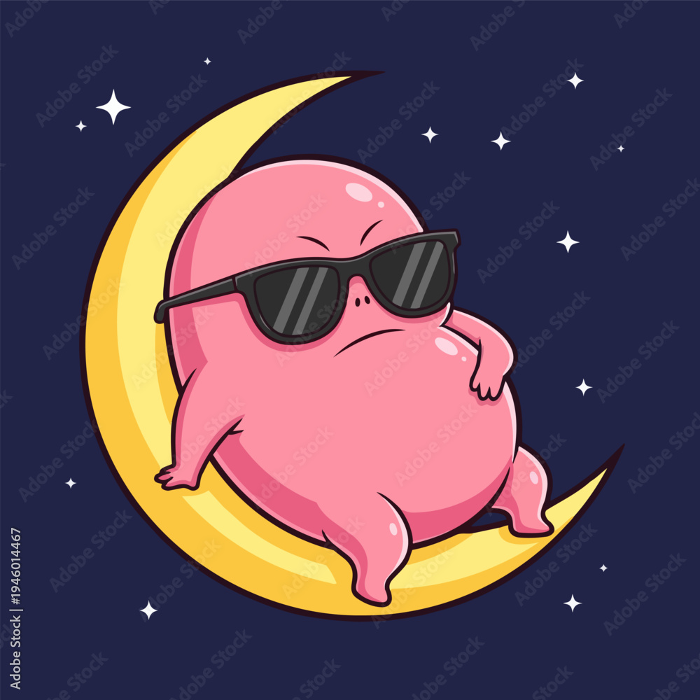 Fototapeta premium Pink alien with sunglasses sitting on a crescent moon against a starry night sky, cartoon style illustration