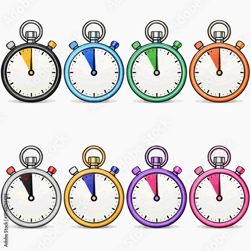 Collection of colorful stopwatch illustrations showing different timer styles and hand positions for countdown race training deadline time management speed tracking and sports design projects
