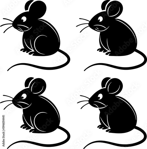 Four cartoon mice sitting in different relaxed positions on their tails