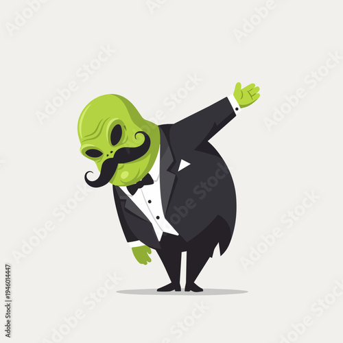 Dapper green alien in a tuxedo striking a pose with a distinguished mustache, perfect for unique and quirky designs