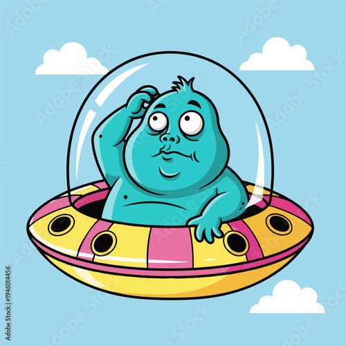 A curious blue alien in a flying saucer, looking confused while floating in the sky with clouds