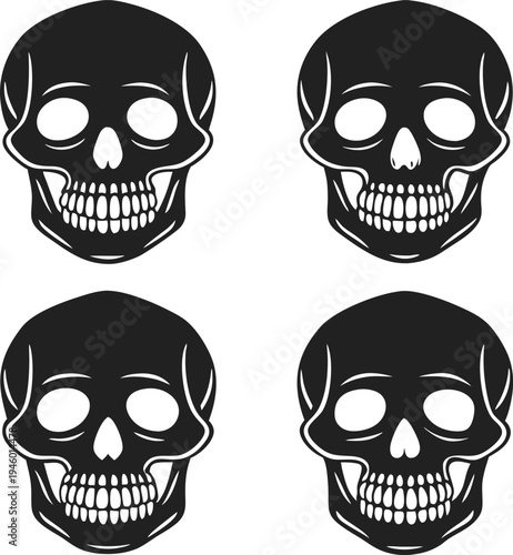 Four stylized black and white grinning skull icons arranged in a square