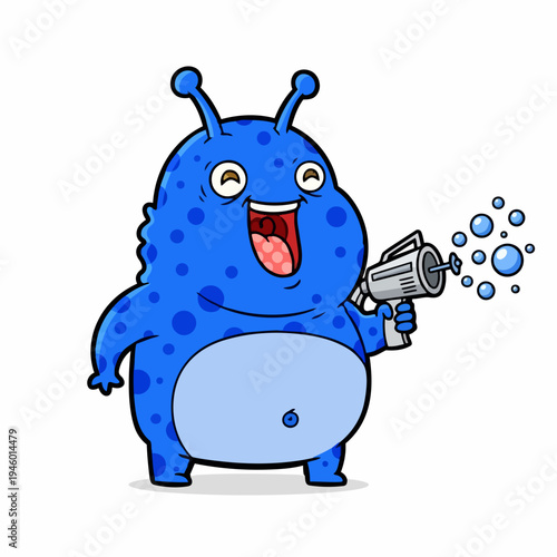 A whimsical blue alien with a joyful expression holds a futuristic ray gun, ready for an intergalactic adventure in this fun illustration