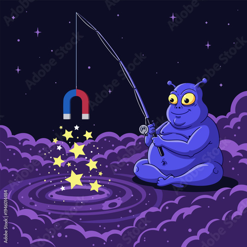 An alien patiently fishing for stars with a magnet on a fishing rod in a mystical starry night sky, surrounded by cosmic clouds