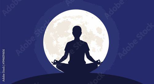 Person meditating under full moon.