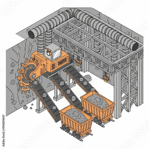 Mining machine excavating rock and loading onto conveyor belts.