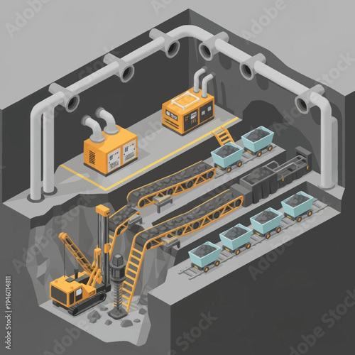 Industrial Mining Operation with Excavator and Conveyor System.