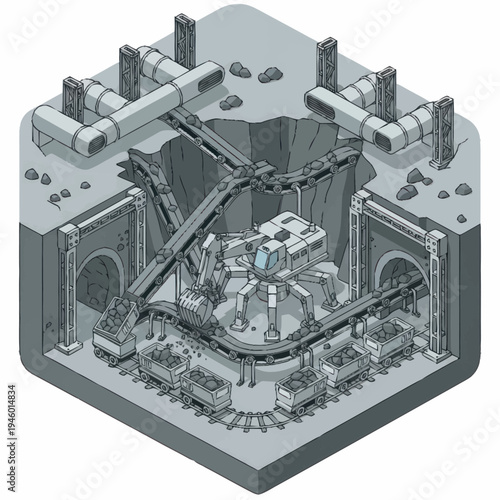 Futuristic Industrial Mining Excavator Robot with Trains.