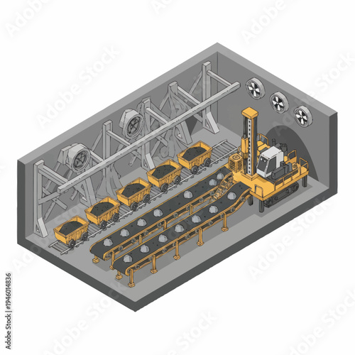 Industrial mining tunnel with automated extraction and transport system.