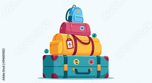 Stack of colorful travel luggage.