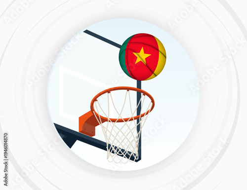 Cameroon Flag Themed Basketball in Motion, Scoring Moment in Basketball Game.