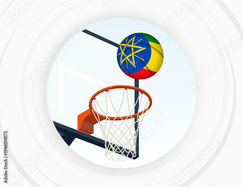 Ethiopia Flag Themed Basketball in Motion, Scoring Moment in Basketball Game.