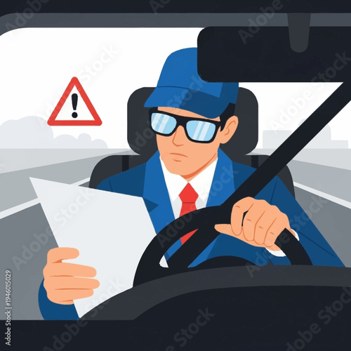 Man in suit driving car reading document with attention.