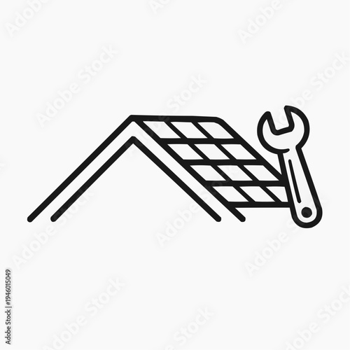 Roof repair icon with a wrench and house rooftop outline on a light gray background representing home maintenance roofing service construction renovation contractor signage and building repair themes