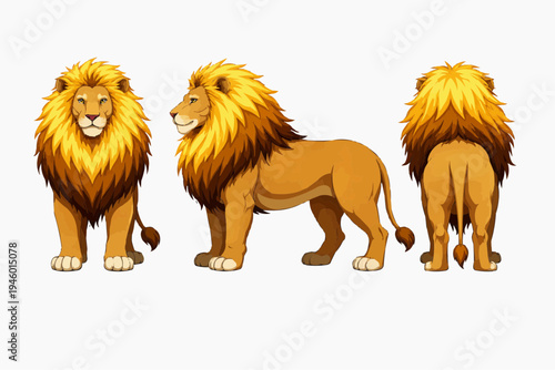 Cartoon lion character turnaround showing front side and back views with rich mane anatomy and clean white background for mascot design animation reference children books and wildlife branding
