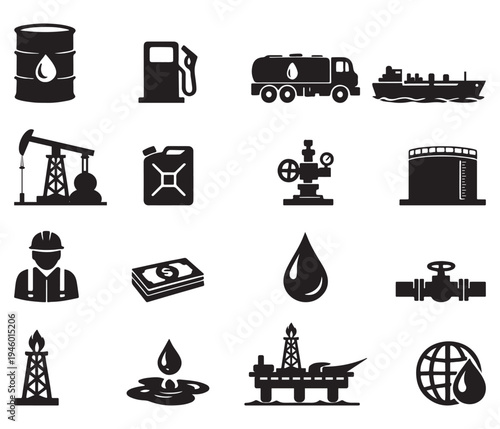 Set of 16 black and white oil and gas industry icons vector, featuring petroleum production, refinery, transport, and energy resources for business and technology designs