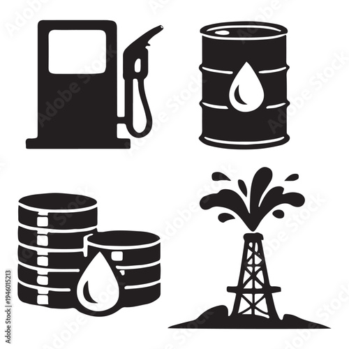 Set of 4 black flat vector icons depicting oil and gas industry elements including a fuel pump, oil barrel, stacked coins with a drop, and an oil rig with a gushing well