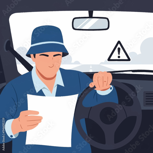 Man in hat holding paper and steering wheel inside car.