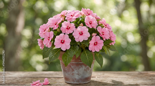 Obraz na plátne Beautiful Pink Impatiens Flowers in a Terracotta Pot on a Wooden Table