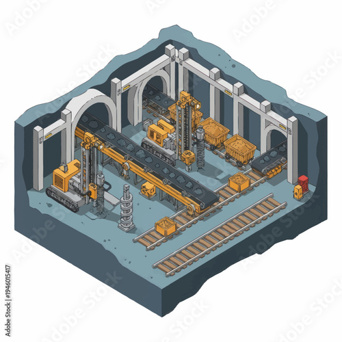 Isometric Mining Operation with Heavy Machinery and Tunnels.