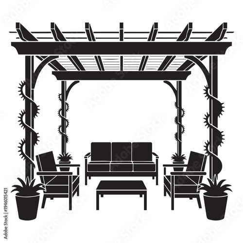 Black and white silhouette vector illustration of an outdoor patio pergola with a sofa, two armchairs, a coffee table, and potted plants, perfect for garden, backyard, or relaxation designs.