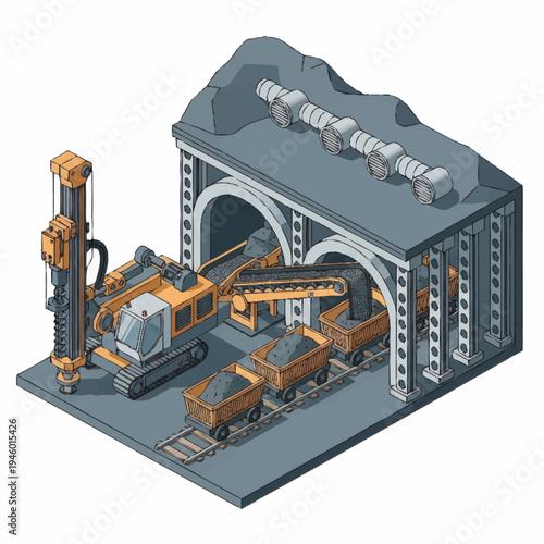 Mining Operation with Heavy Machinery and Ore Carts.