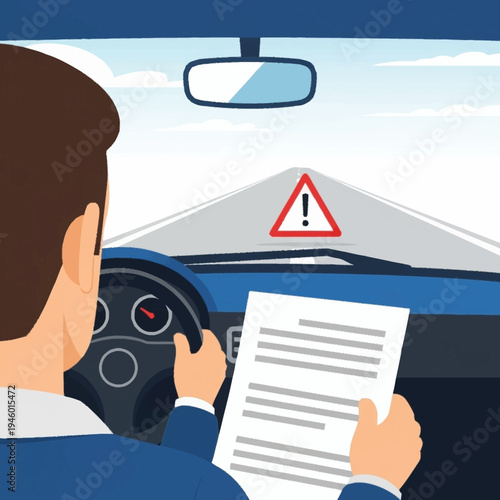 Driver holding document inside car with road sign.