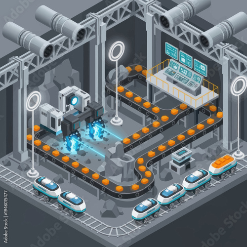 Automated Factory Production Line with Robotic Arms and Conveyor Belts.