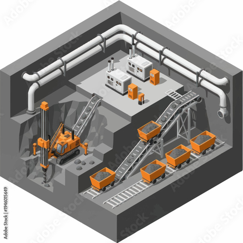 Industrial Mining Operation with Excavator and Conveyor System.