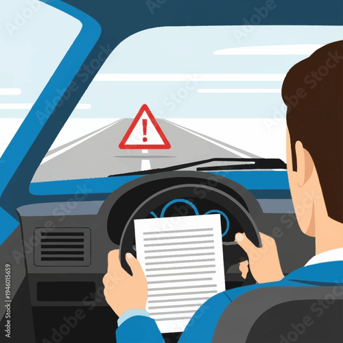Driver holding document while driving on road.