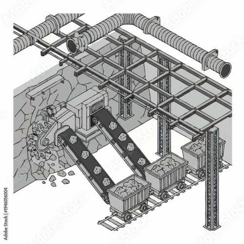 Mining conveyor belt system loading ore into mine carts.