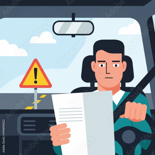 Man driving car reading document with caution sign.