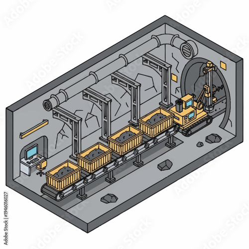 Underground mining operation with automated coal extraction and transport system.