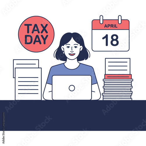 A woman working on her laptop for tax day in April