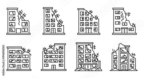 Collection of Damaged Buildings in Outline Style.
