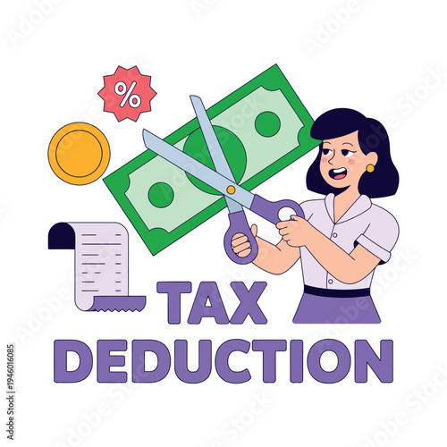 A cartoon woman cutting a dollar bill with scissors to represent tax deduction and savings.