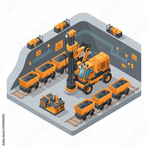 Isometric Mining Equipment and Wagons in Operation.