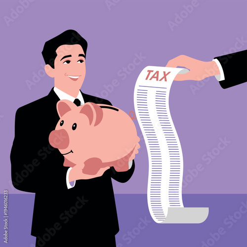 A smiling businessman holding a piggy bank and receiving a tax bill