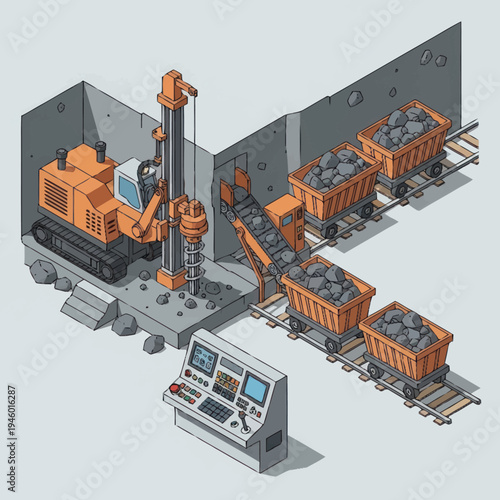Mining operation with drilling machine and coal carts.