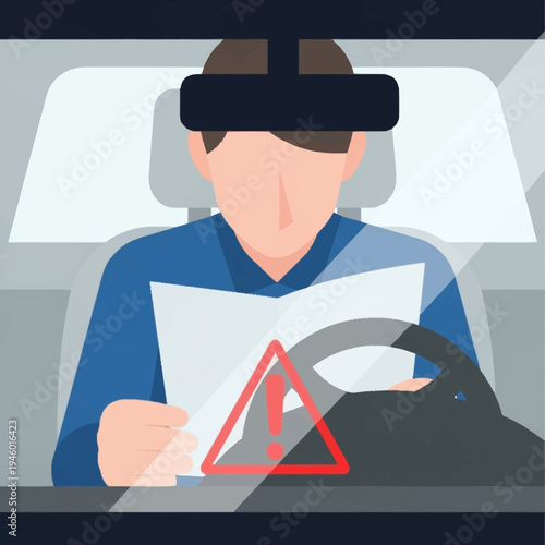 Man wearing VR headset driving car holding paper with warning sign.