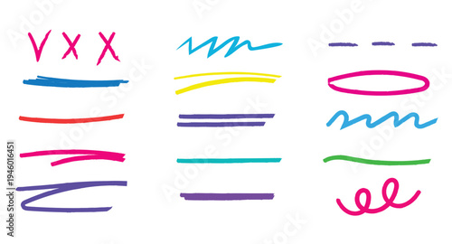 Collection of colorful handdrawn underlines check marks and decorative elements isolated on white background