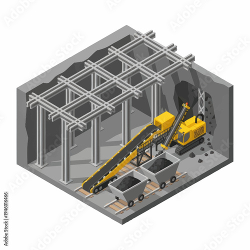 Mining conveyor belt system with yellow excavator and carts.