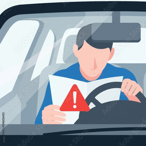 Man reading car manual with warning sign.