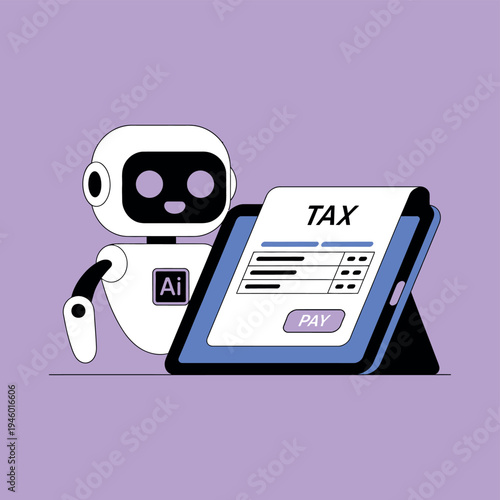 A robot with AI technology helping with tax payment on a tablet