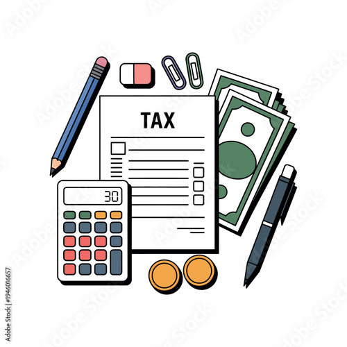 A cartoon illustration of tax preparation and financial planning tools