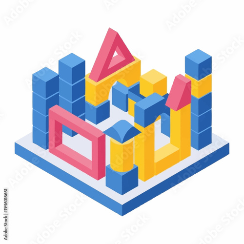 Colorful Isometric Building Blocks Construction Toy Set.