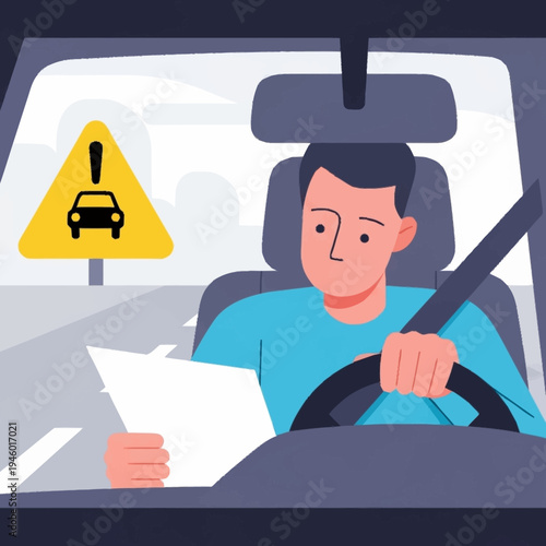 Man driving car reading document with warning sign.