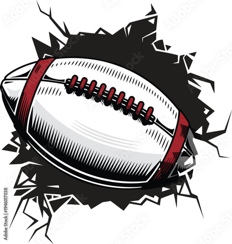 American football breaking through a concrete wall with forceful impact