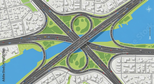 Complex Highway Interchange with Cloverleaf Design and River Crossing.