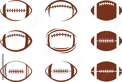 Various perspectives and stitching patterns of american footballs in illustration form